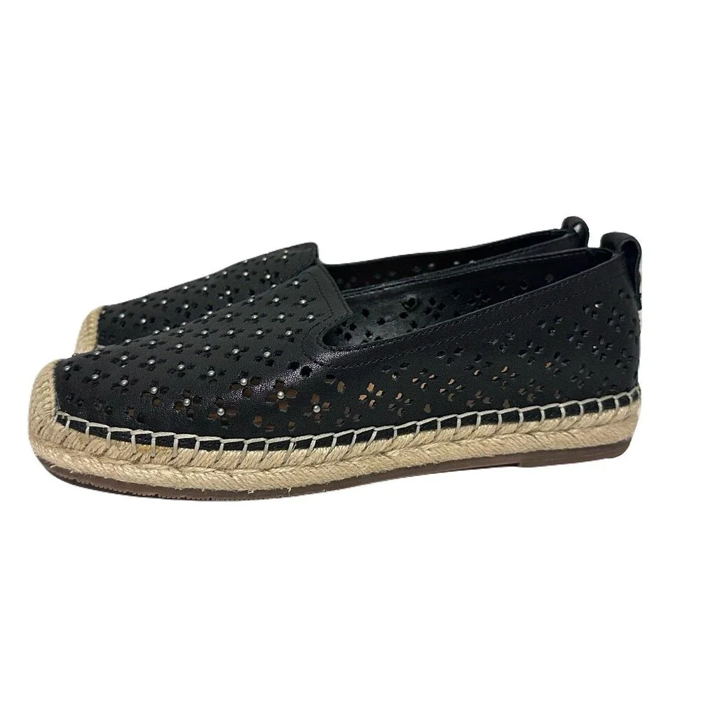 NEW Patricia Nash Womens Size 8 Black Leather Elena Perforated Espadrille Flats